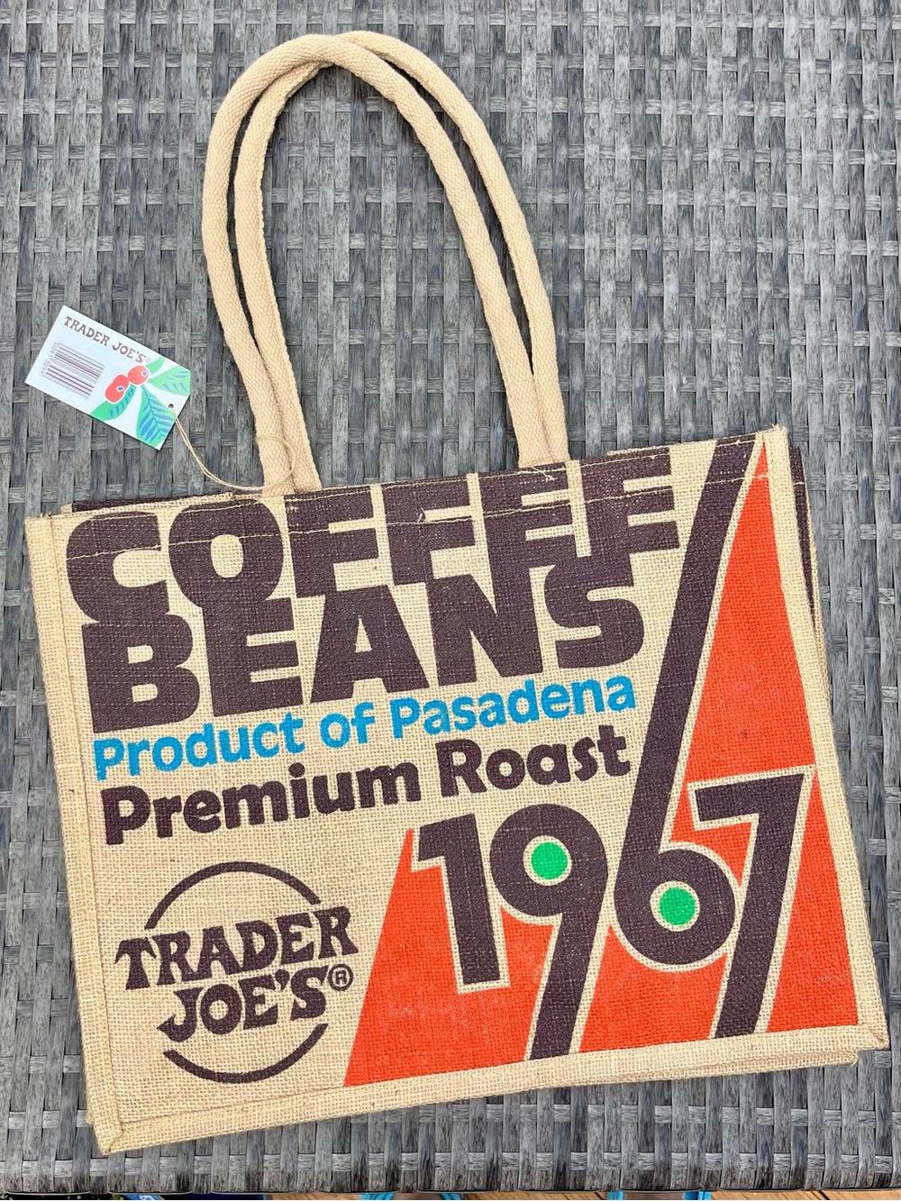 Beige Canvas Tote with Orange Retro Graphic